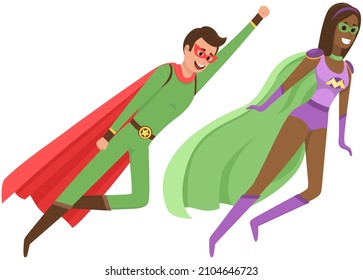 Strong super human and super woman smiles and flies to save world stretched out his hand. Brave character in superhero costume with cloak. Cartoon person hurries to protects people from villains