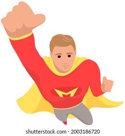 Strong super man smiles and flies to save world stretched out his hand. Brave character in superhero costume with cloak on white background. Cartoon person hurries to protects people from villains