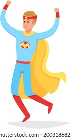 Strong super man smiles and flies to save world stretched out his hand. Brave character in superhero costume with cloak on white background. Cartoon person hurries to protects people from villains