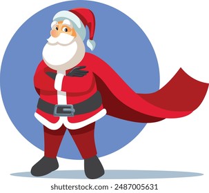 
Strong Super Santa Standing with Arms Crossed Vector Cartoon. Superpower Santa showing his costume with cape 
