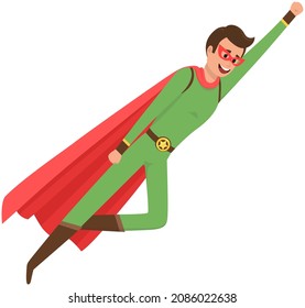 Strong super smiles and flies to save world stretched out his hand. Brave character in superhero costume with red cloak on white background. Cartoon person hurries to protects people from villains