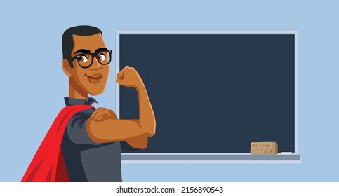 
Strong Super Teacher Celebrating Education Vector Cartoon Illustration. Exceptional professor wearing a red cape feeling confident
