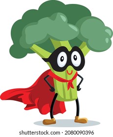 Strong Superhero Broccoli Vector Cartoon Character. Funny vegetable mascot wearing a red cape and a hero mask being a super-nutritious food 
