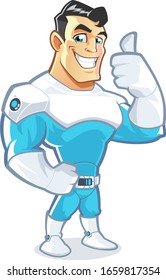 Strong Superhero cartoon character shows thumb up sign