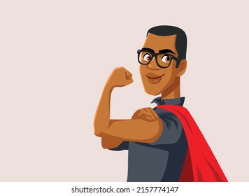 

Strong Superhero Man of African Ethnicity Vector Cartoon Illustration. Happy heroic businessman showing super strength and confidence
