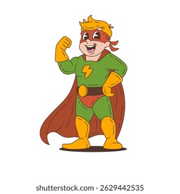 Strong superhero mascot character with lightning symbol, cape, gloves, and confident smile in classic cartoon style. Energetic and fun pose with bold outlines. Vector illustration