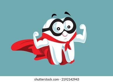 
Fuerte personaje de mascota de vectores de dientes Molar, superhéroe fuerte. Feliz personaje alegre celebrando la perfecta salud dental 
