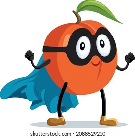 Strong Superhero Peach Fruit Vector Cartoon Character. Funny super food mascot wearing cape and hero mask flexing muscles
