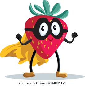 Sólida Caricatura del Vector de Frutos de Fresas de Superhéroe. Graciosa mascota de frutas de bayas súper alimentadas con músculos de capa y máscara
