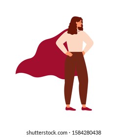 Mujer superheroína fuerte usando capa. Concepto de feminismo, poder de las niñas. Inspirador y motivador personaje femenino. Ilustración vectorial al estilo de las caricaturas planas.