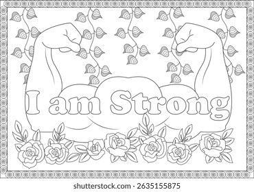 I Am Strong: Symbol of Strength Against Cancer, Line art illustration featuring flexing muscles and the phrase 'I am Strong', surrounded by roses and decorative elements. Perfect as a coloring page