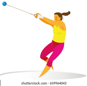 A strong tall woman athlete is a hammer thrower who performs a throw