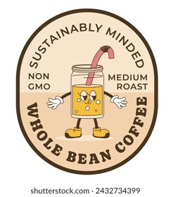 Strong and tasty caffeine beverage. Breakfast or lunch addition. Sustainably minded, gmo free medium roast whole bean coffee. Label or sticker with smiling glass character, vector in flat style