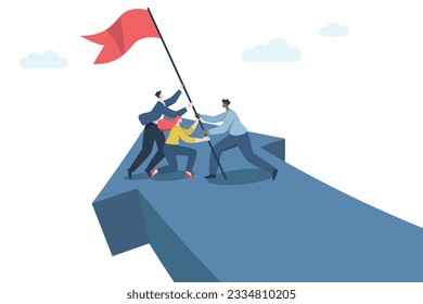 Strong teamwork leading to success for organizations, business people working as a team or partners helping to raise the flag of victory. Vector design illustration.