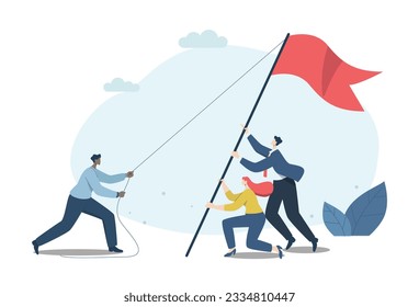 Strong teamwork leading to success for organizations, business people working as a team or partners helping to raise the flag of victory. Vector design illustration.