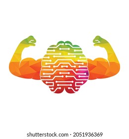 Strong Technical brain vector logo design. Strong Brain Connection with strong biceps.