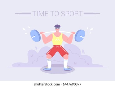 A strong tense athlete raises a heavy barbell. Healthy lifestyle sport activities character workout concept. Gym exercises cartoon flat vector Illustration.