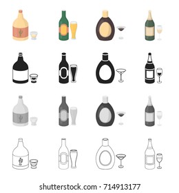 Strong tequila, beer, liquor, champagne, low alcohol. Alcohol set collection icons in cartoon black monochrome outline style vector symbol stock illustration web.