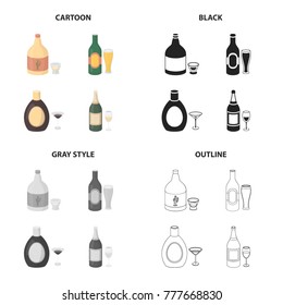 Strong tequila, beer, liquor, champagne, low alcohol. Alcohol set collection icons in cartoon black monochrome outline style vector symbol stock illustration web.