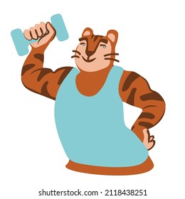 A strong tiger in a blue T-shirt does sports with a blue weight.