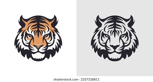 Strong tiger muzzle head color and black monochrome contour logo for t shirt print set vector flat illustration. Power carnivorous wild predator animal jungle habitat nature hunting icon emblem