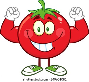 Strong Tomato Cartoon Mascot Character Flexing. Vector Illustration Isolated On White