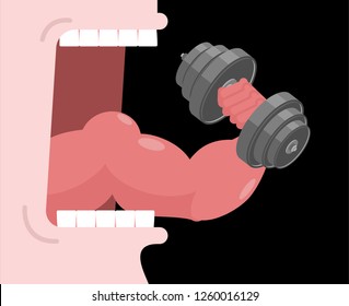 Strong tongue with muscle. Open mouth teeth and tongue. Biceps in mouth

