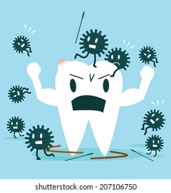 Strong tooth fighting with bacteria. Character set. flat design illustration. vector