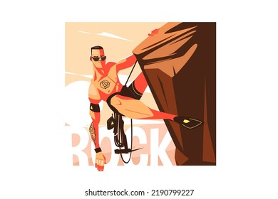 Strong topless rock climber man vector illustration. Climb high mountain with equipment flat style. Conquer top, activity, sport concept