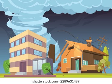 Fuerte y Tornado destruyen la ciudad, devastando la ciudad y el pueblo, tormentas y olas de agua entre edificios y desastres naturales.