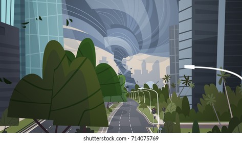 Strong Tornado Destroy City Hurricane Damaging Town, Storm Waterspout Twister Between Buildings Natural Disaster Concept Flat Vector Illustration