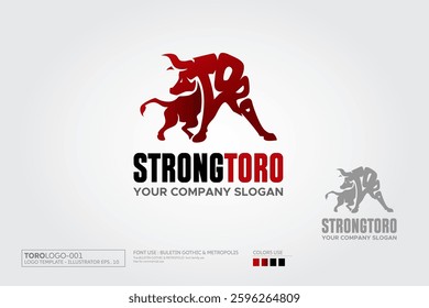 Strong Torro Lettering Vector Logo Template. Wild buffalo bull in cartoon style for mascot.