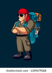 Strong Traveler Man with backpak go to camp area