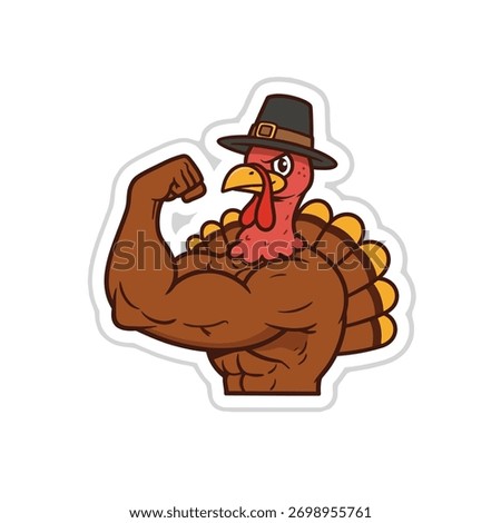 Strong Turkey Mascot Flexing Biceps Thanksgiving Holiday Cartoon