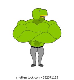 Strong Tyrannosaurus with big muscles. Dinosaur t-Rex bodybuilder. Prehistoric animal in jeans. Monster Athlete with great biceps.