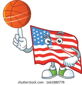 a strong USA flag cartoon character with a basketball