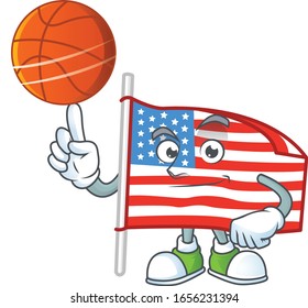 a strong USA flag with pole cartoon character with a basketball
