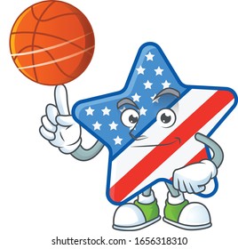 a strong USA star cartoon character with a basketball