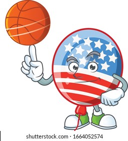 a strong USA stripes balloon cartoon character with a basketball