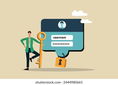 Starkes Benutzername- und Passwort-System für Cyber-Sicherheit, hoher Schutz und Sicherheit für Login-Account, sichere Datensicherheit, Geschäftsmann mit einem Schlüssel in der Hand steht neben der Authentifizierung wi