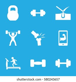strong vector icons. Set of 9 strong filled icons such as shave hair in skin, treadmill, barbell, broken leg or arm, muscular arm  on phone, power lifter