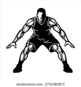 Strong vector illustration of basketball player in a ready defensive stance. Muscular athlete preparing for game. Sport, fitness, and competition concept. Game ready.