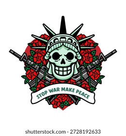 Ilustração vetorial forte combinando o crânio da cabeça da liberdade, jolly roger, arma e rosa com a mensagem "Stop War Make Peace". Representa protestos contra a guerra, liberdade e simbolismo de paz para cartazes, roupas e designs de ativistas.
