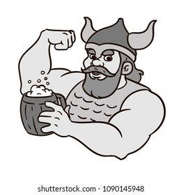 Strong Viking with beer in hand. It can be a logo for the pub. Sticker. Advertising beer.