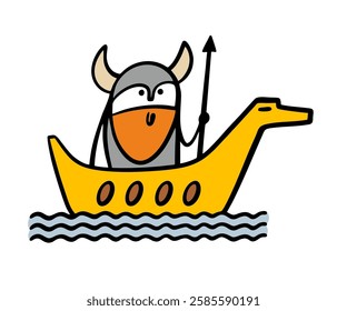 Strong Viking with a red beard sails on an ancient boat on the North Sea. Vector illustration of  warrior with a spear and wearing a helmet with horns. Isolated character on white background.