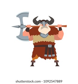Strong viking warrior character with double edged axe in helmet with horns vector Illustration on a white background