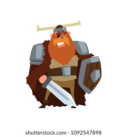 Strong viking warrior character with sword and shield in helmet with horns vector Illustration on a white background