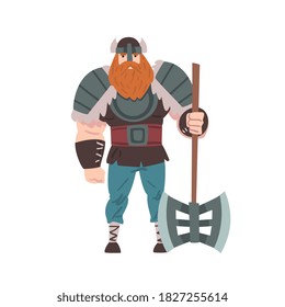 Starker Viking-Krieger mit Double Ax, skandinavischer Mythologie-Charakter in traditionellem Outfit-Cartoon-Stil Vektorgrafik
