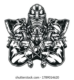 Strong viking warrior in helmet with axes in two hands in vintage monochrome style isolated vector illustration