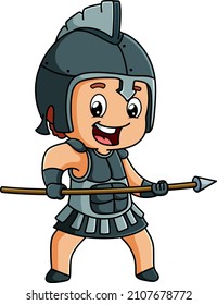 The strong warrior boy with the armor is holding the spear of illustration